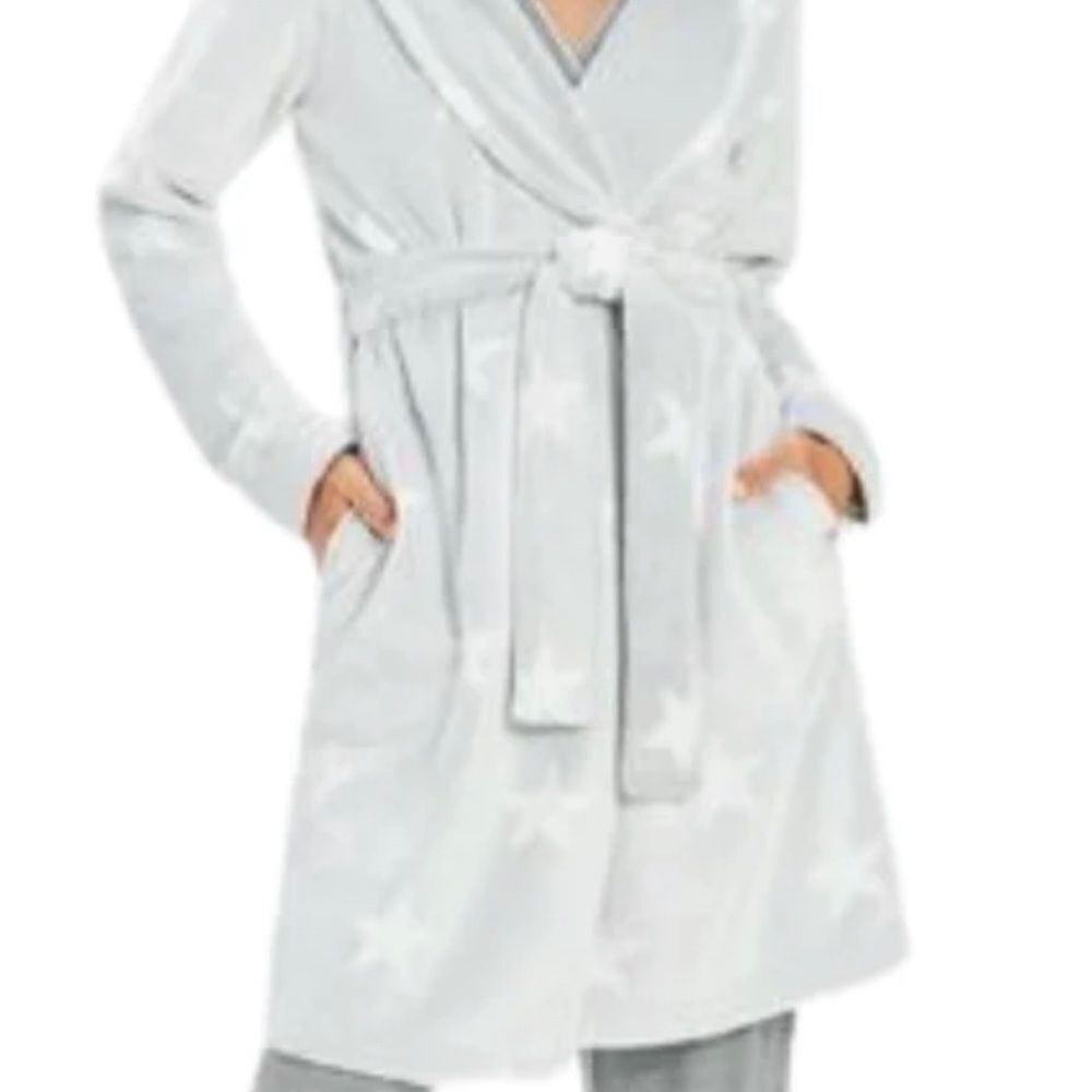 Ugg Grey/White Stars Cozy Fleece Miranda Cozy Fleece Hoodie Belted Wrap Robe NWT - Picture 8 of 17